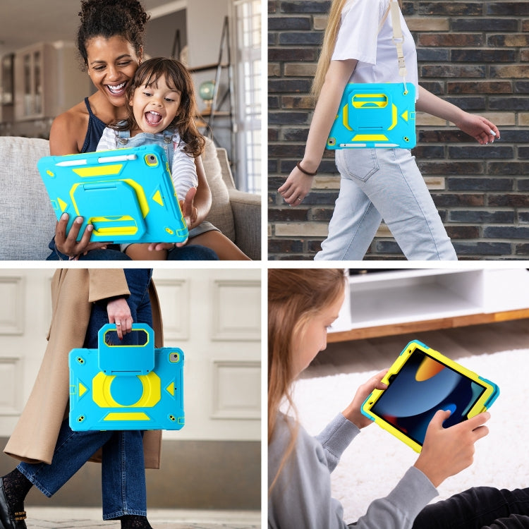 For iPad 10.2 2021 / 2020 / 2019 Legend Grip Holder Silicone Hybrid PC Tablet Case with Strap(Blue Fluorescent Yellow)