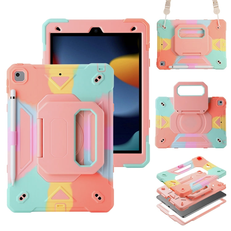 For iPad 10.2 2021 / 2020 / 2019 Legend Grip Holder Silicone Hybrid PC Tablet Case with Strap(Colorful Pink)