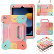 For iPad 10.2 2021 / 2020 / 2019 Legend Grip Holder Silicone Hybrid PC Tablet Case with Strap(Colorful Pink)