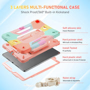 For iPad 10.2 2021 / 2020 / 2019 Legend Grip Holder Silicone Hybrid PC Tablet Case with Strap(Colorful Pink)