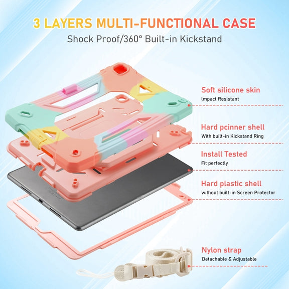 For iPad 10.2 2021 / 2020 / 2019 Legend Grip Holder Silicone Hybrid PC Tablet Case with Strap(Colorful Pink)