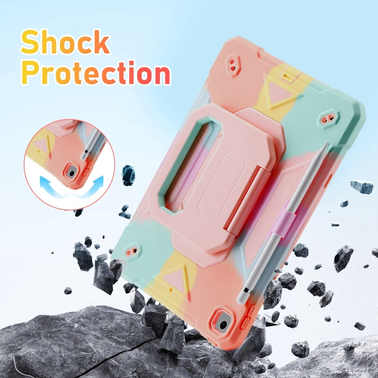 For iPad 10.2 2021 / 2020 / 2019 Legend Grip Holder Silicone Hybrid PC Tablet Case with Strap(Colorful Pink)
