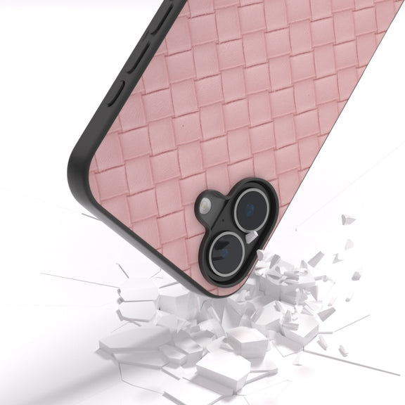 For iPhone 16 Black Frame Woven Texture PU Phone Case(Pink)