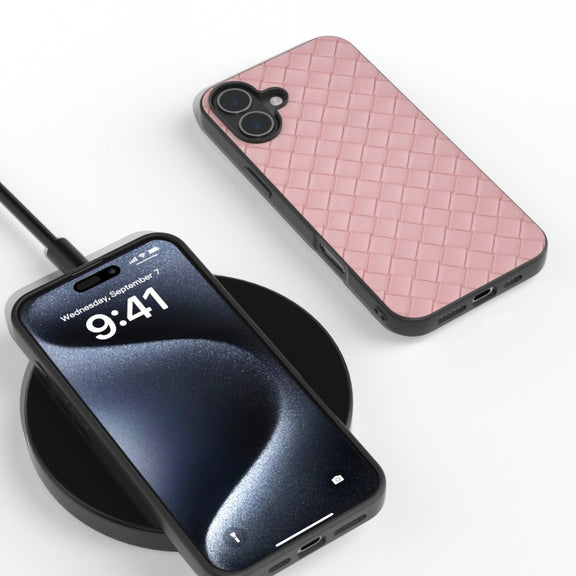 For iPhone 16 Black Frame Woven Texture PU Phone Case(Pink)