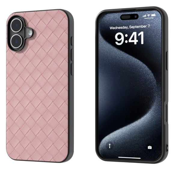 For iPhone 16 Black Frame Woven Texture PU Phone Case(Pink)
