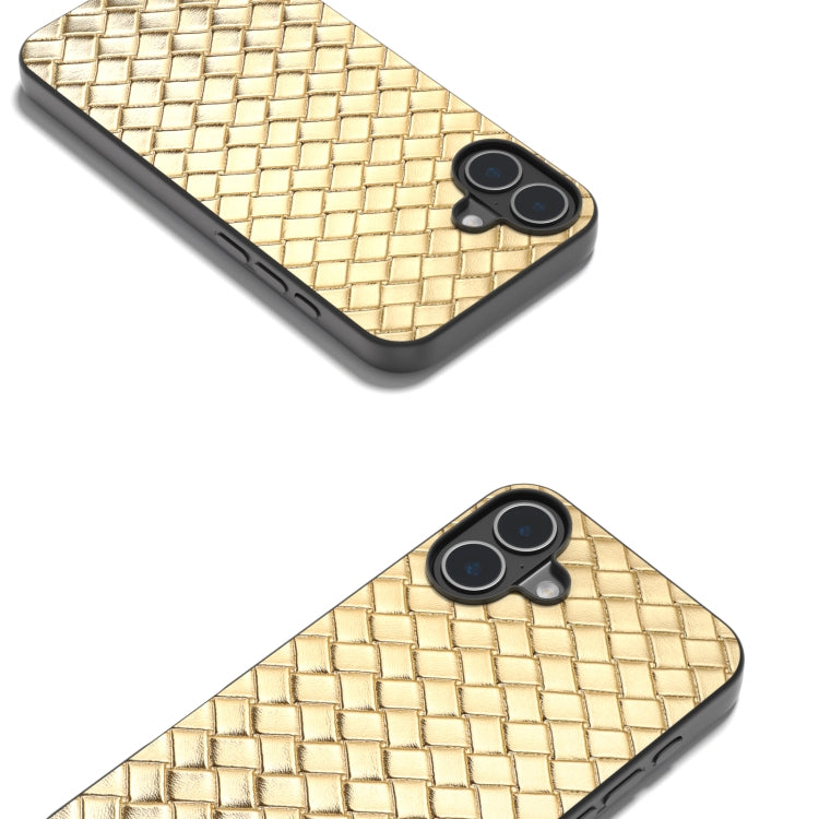 For iPhone 16 Black Frame Woven Texture PU Phone Case(Gold)