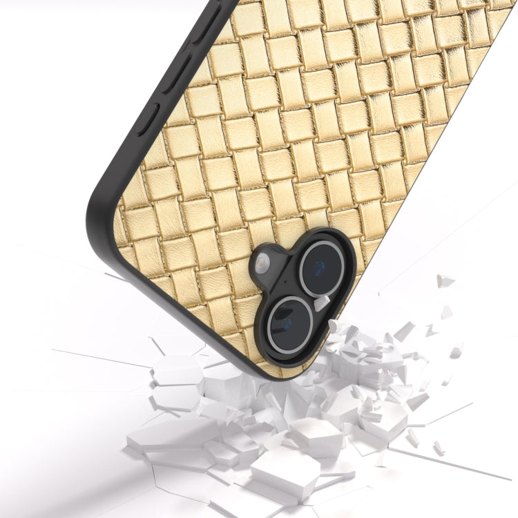 For iPhone 16 Black Frame Woven Texture PU Phone Case(Gold)