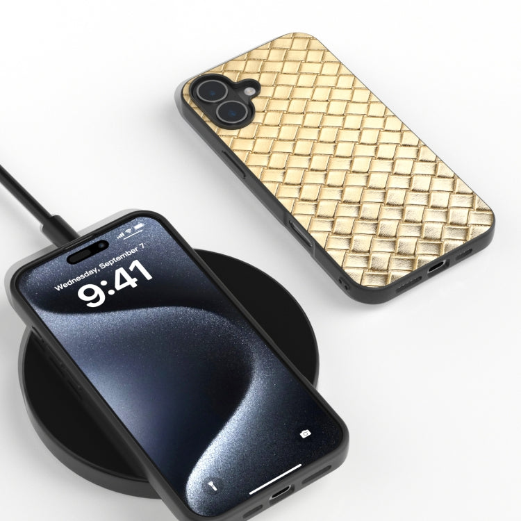 For iPhone 16 Black Frame Woven Texture PU Phone Case(Gold)