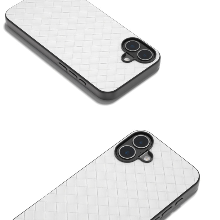 For iPhone 16 Plus Black Frame Woven Texture PU Phone Case(White)