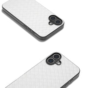 For iPhone 16 Plus Black Frame Woven Texture PU Phone Case(White)