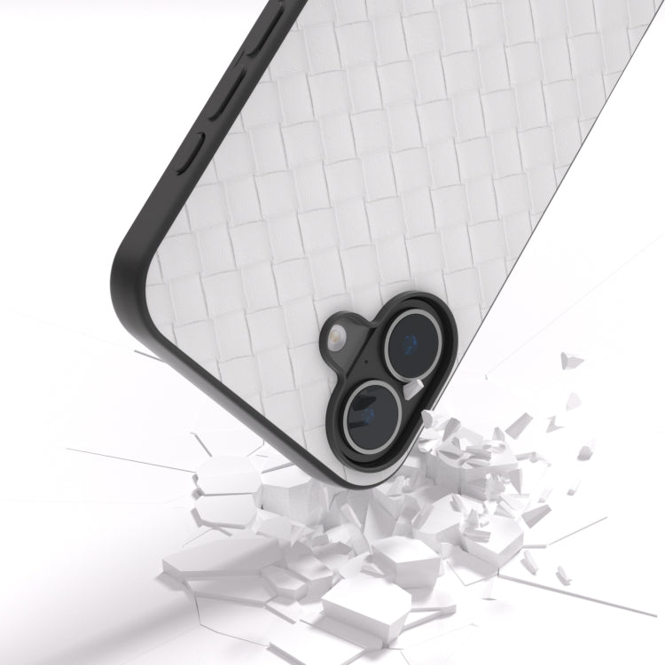 For iPhone 16 Plus Black Frame Woven Texture PU Phone Case(White)