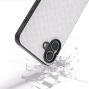 For iPhone 16 Plus Black Frame Woven Texture PU Phone Case(White)