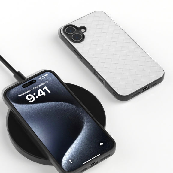 For iPhone 16 Plus Black Frame Woven Texture PU Phone Case(White)