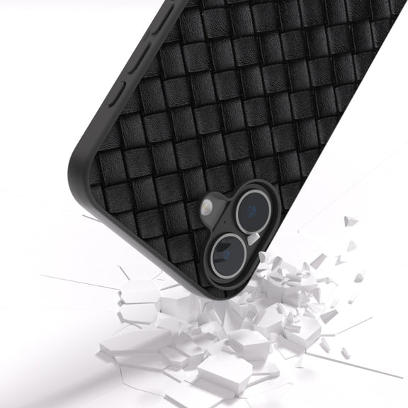 For iPhone 16 Plus Black Frame Woven Texture PU Phone Case(Black)