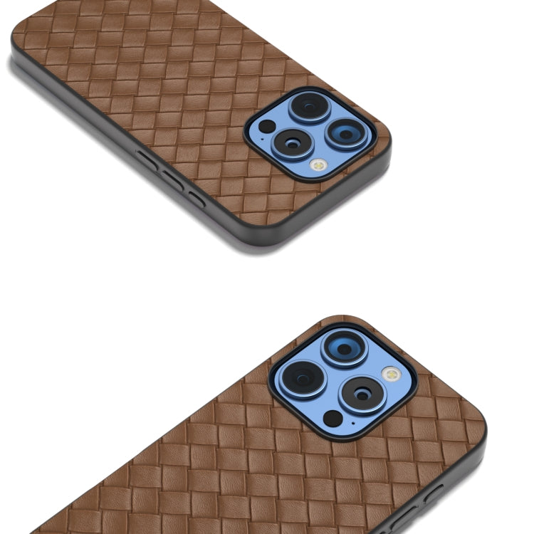 For iPhone 16 Pro Black Frame Woven Texture PU Phone Case(Brown)