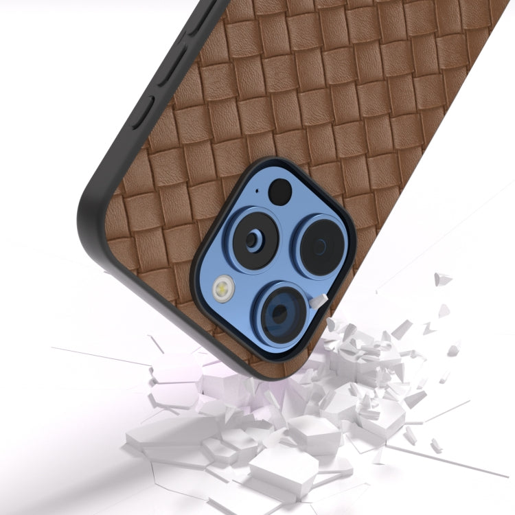 For iPhone 16 Pro Black Frame Woven Texture PU Phone Case(Brown)