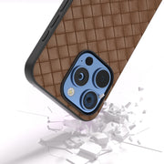 For iPhone 16 Pro Black Frame Woven Texture PU Phone Case(Brown)