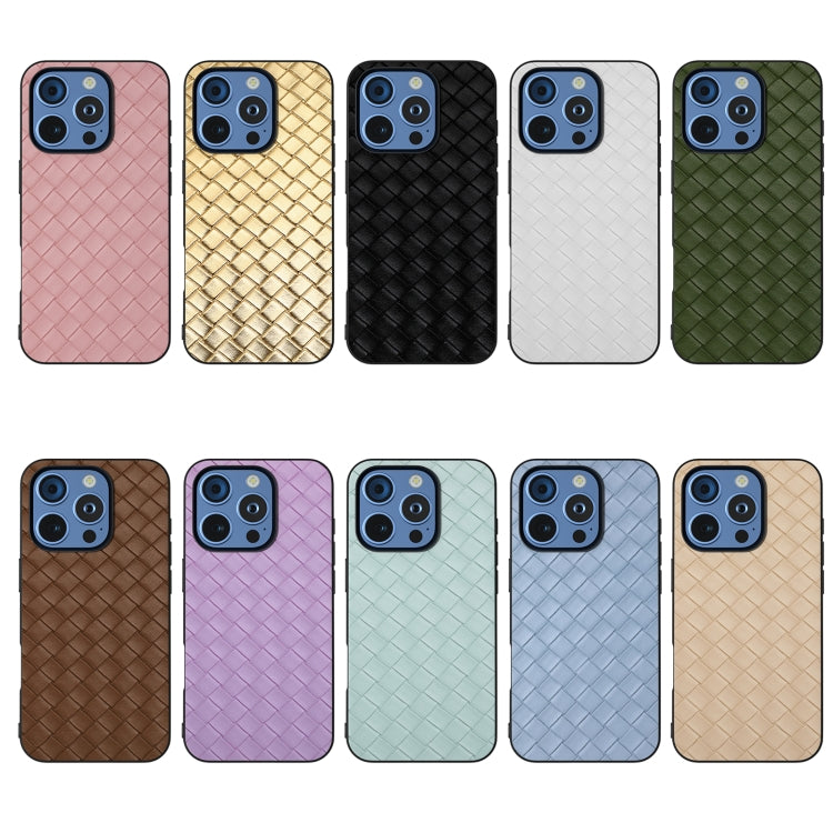 For iPhone 16 Pro Black Frame Woven Texture PU Phone Case(Brown)