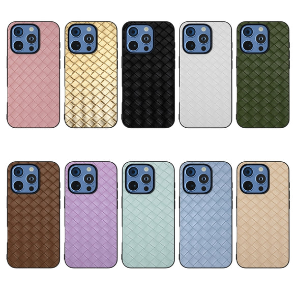 For iPhone 16 Pro Black Frame Woven Texture PU Phone Case(Brown)
