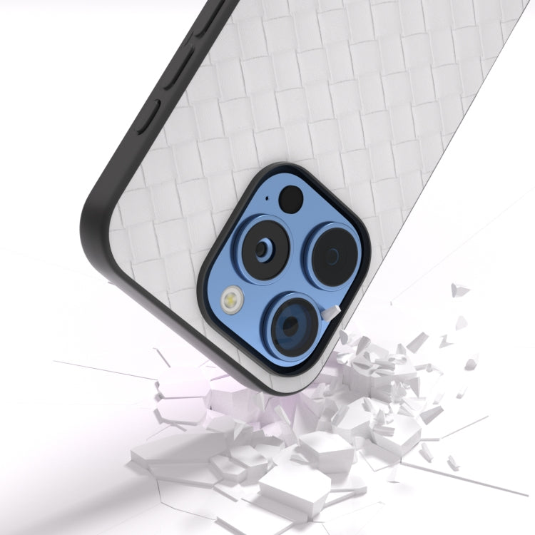 For iPhone 16 Pro Max Black Frame Woven Texture PU Phone Case(White)
