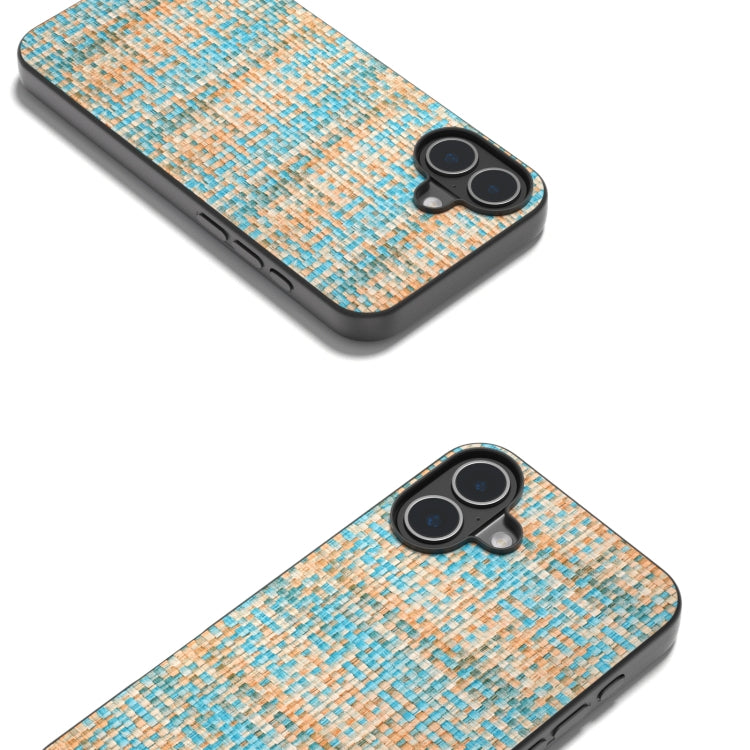 For iPhone 16 Black Frame Color Lattice Texture PU Phone Case(Blue)