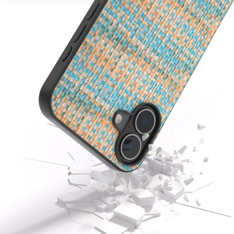 For iPhone 16 Black Frame Color Lattice Texture PU Phone Case(Blue)