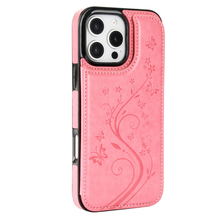 For iPhone 16 Pro Max Double Buckle Butterfly Embossing PU Phone Case(Pink)
