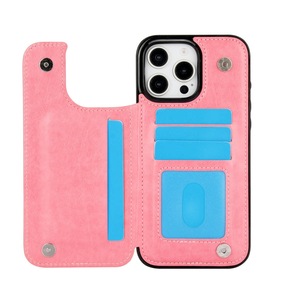 For iPhone 16 Pro Max Double Buckle Butterfly Embossing PU Phone Case(Pink)