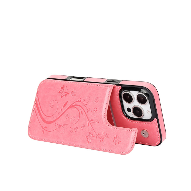 For iPhone 16 Pro Max Double Buckle Butterfly Embossing PU Phone Case(Pink)