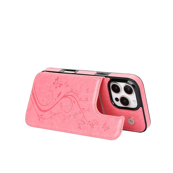 For iPhone 16 Pro Max Double Buckle Butterfly Embossing PU Phone Case(Pink)