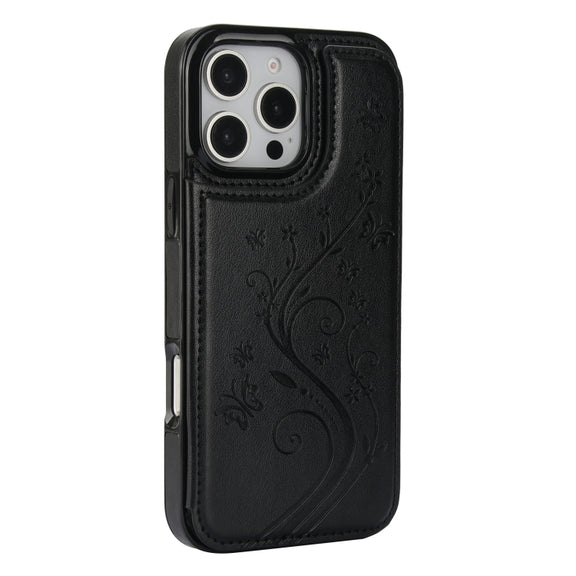 For iPhone 16 Pro Double Buckle Butterfly Embossing PU Phone Case(Black)