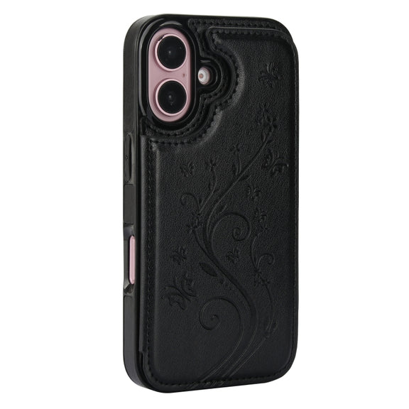 For iPhone 16 Plus Double Buckle Butterfly Embossing PU Phone Case(Black)