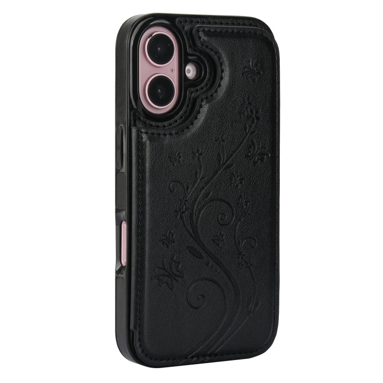For iPhone 16 Double Buckle Butterfly Embossing PU Phone Case(Black)