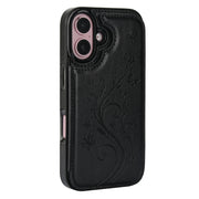 For iPhone 16 Double Buckle Butterfly Embossing PU Phone Case(Black)