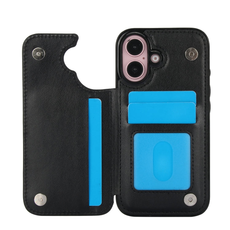 For iPhone 16 Double Buckle Butterfly Embossing PU Phone Case(Black)