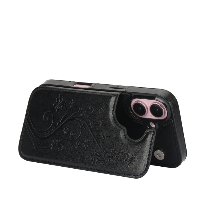 For iPhone 16 Double Buckle Butterfly Embossing PU Phone Case(Black)