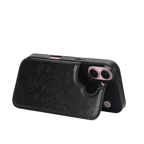 For iPhone 16 Double Buckle Butterfly Embossing PU Phone Case(Black)