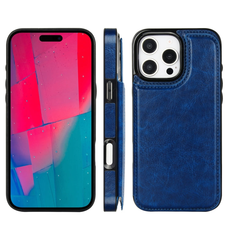For iPhone 16 Pro Double Buckle Crazy Horse Texture PU Phone Case(Blue)