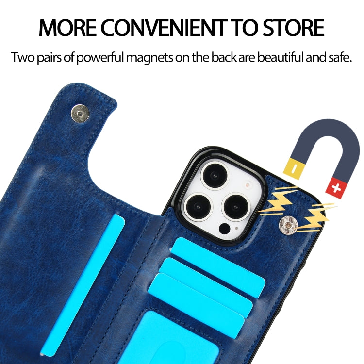 For iPhone 16 Pro Double Buckle Crazy Horse Texture PU Phone Case(Blue)