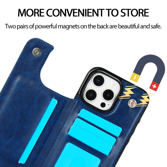 For iPhone 16 Pro Double Buckle Crazy Horse Texture PU Phone Case(Blue)
