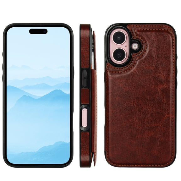 For iPhone 16 Plus Double Buckle Crazy Horse Texture PU Phone Case(Brown)