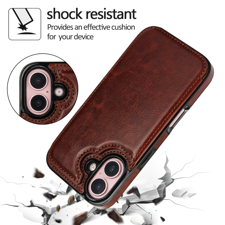 For iPhone 16 Plus Double Buckle Crazy Horse Texture PU Phone Case(Brown)