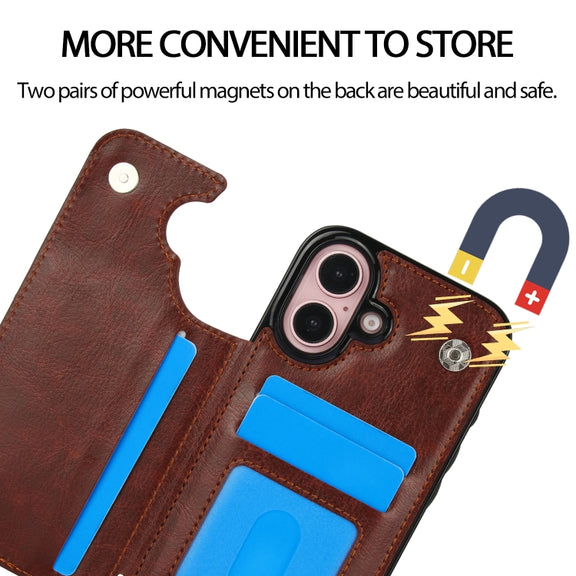 For iPhone 16 Plus Double Buckle Crazy Horse Texture PU Phone Case(Brown)