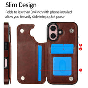 For iPhone 16 Plus Double Buckle Crazy Horse Texture PU Phone Case(Brown)