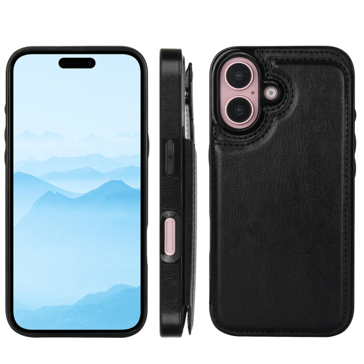 For iPhone 16 Double Buckle Crazy Horse Texture PU Phone Case(Black)