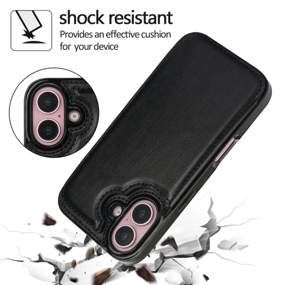 For iPhone 16 Double Buckle Crazy Horse Texture PU Phone Case(Black)