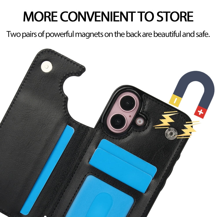 For iPhone 16 Double Buckle Crazy Horse Texture PU Phone Case(Black)
