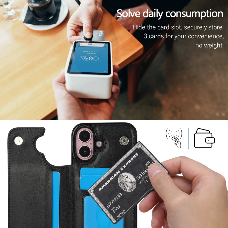 For iPhone 16 Double Buckle Crazy Horse Texture PU Phone Case(Black)
