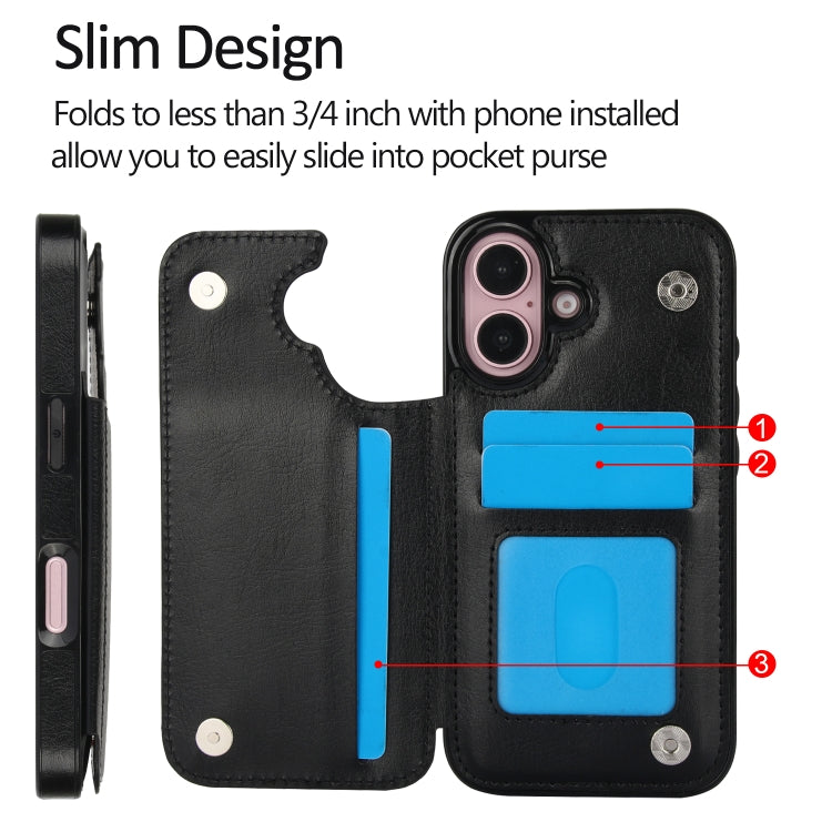 For iPhone 16 Double Buckle Crazy Horse Texture PU Phone Case(Black)