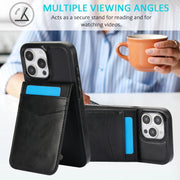 For iPhone 16 Pro Max Solid Color Card Slots Bracket PU Phone Case(Black)